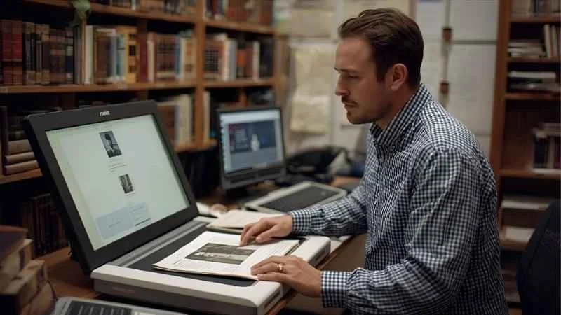 A man digitising/scanning some archival material using a flat bed scanner.