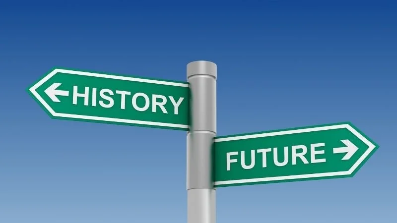 a signpost showing history to the left and future to the right
