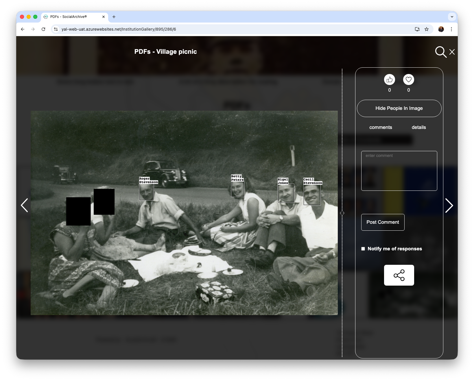 An image showing a screenshot of a 'village picnic' in a community archive. It shows YourArchive's facial recognition identifying people in the image and redacting particular people. Redaction in digital archives.