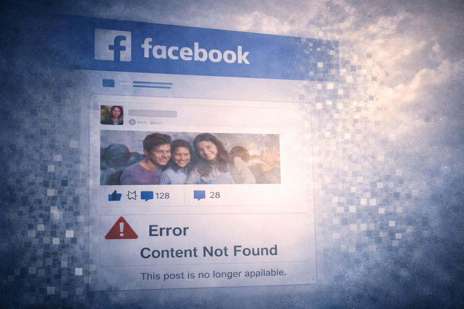 Digital illustration of a Facebook-style interface with a ‘Content Not Found’ message and fading pixels, representing lost online memories and fragile digital preservation.