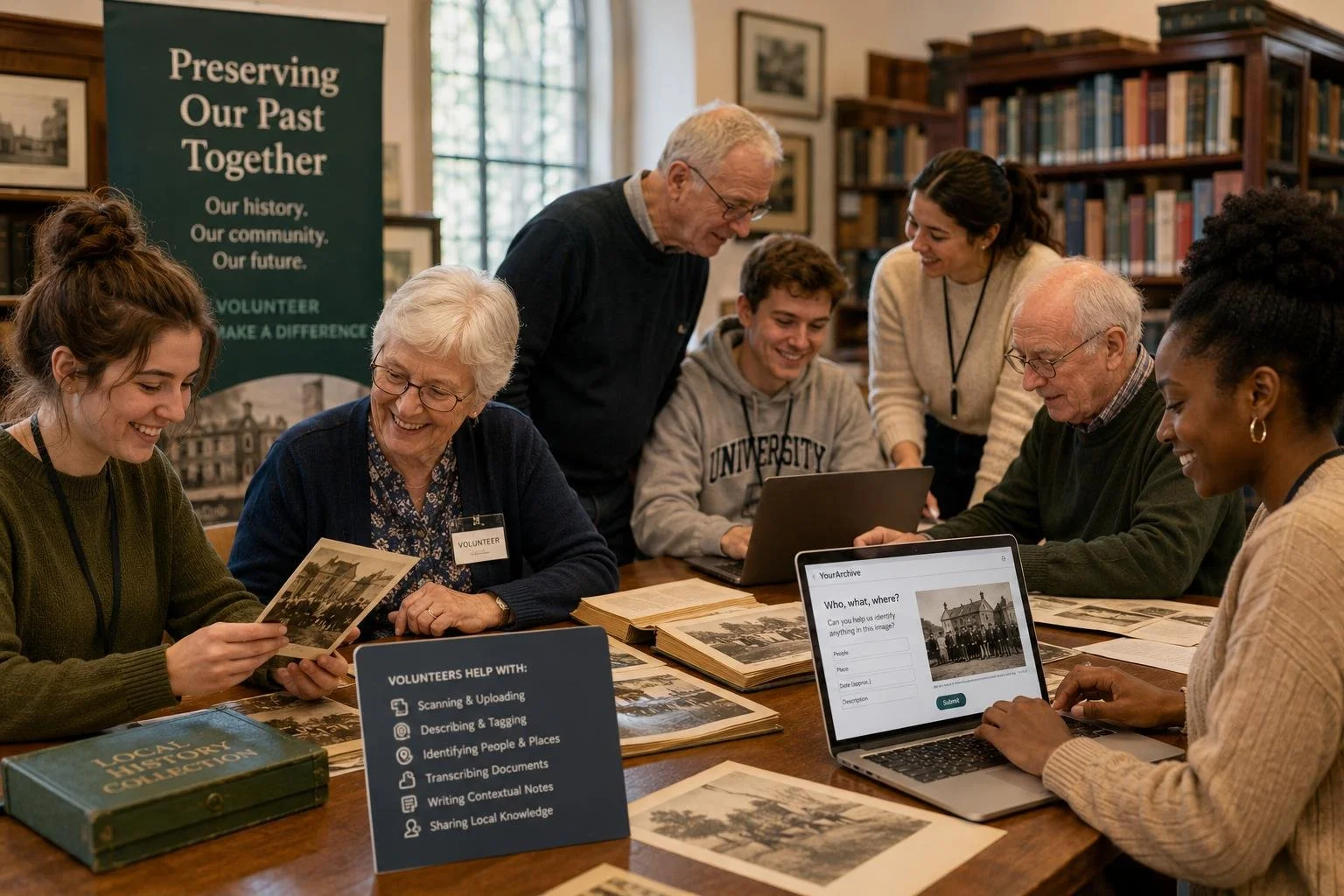 Volunteers at a local historical society working together to digitise and identify archive materials, including historical photographs and documents, using laptops and community knowledge in a warm library setting.