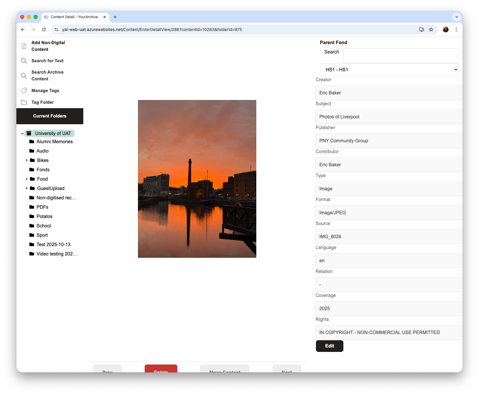 An example showing metadate input fields for a YourArchive digital archive.