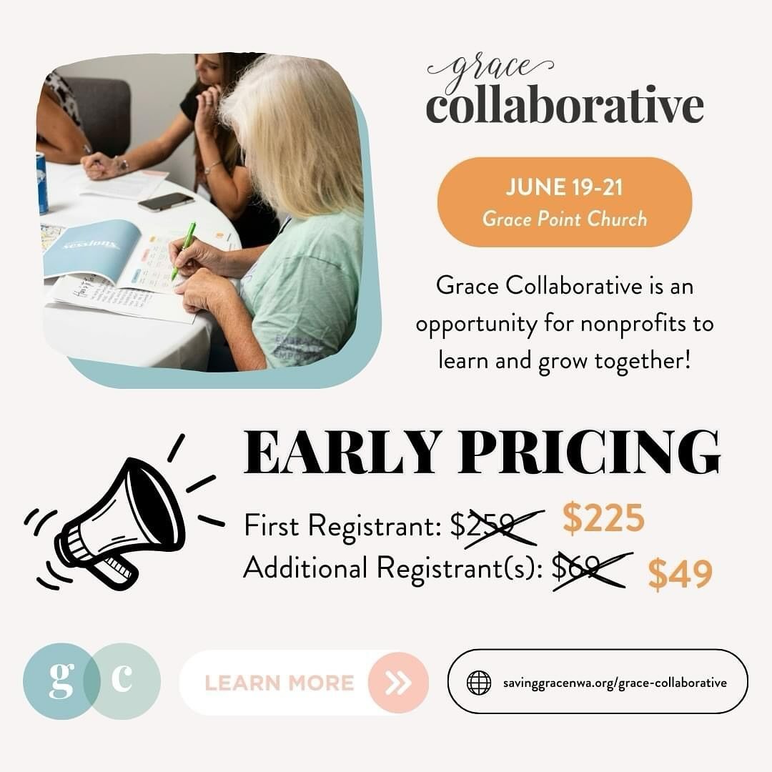 📣 EARLY PRICING ENDS TODAY!

Are you a nonprofit leader seeking to improve your team culture, fundraising, marketing, or programming efforts?! You do not want to miss our fourth annual Grace Collaborative event featuring sessions from local industry