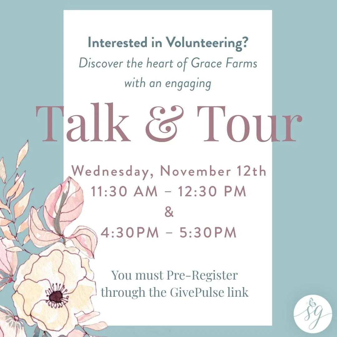 🌾🚜 Come experience the heart of Grace Farms! 🚜🌾
YOU are invited to a Talk &amp; Tour this November! These guided tours are the perfect way to learn how our mission comes to life and how you can be part of it. 💛✨
📅 Wednesday, November 12th
11:30
