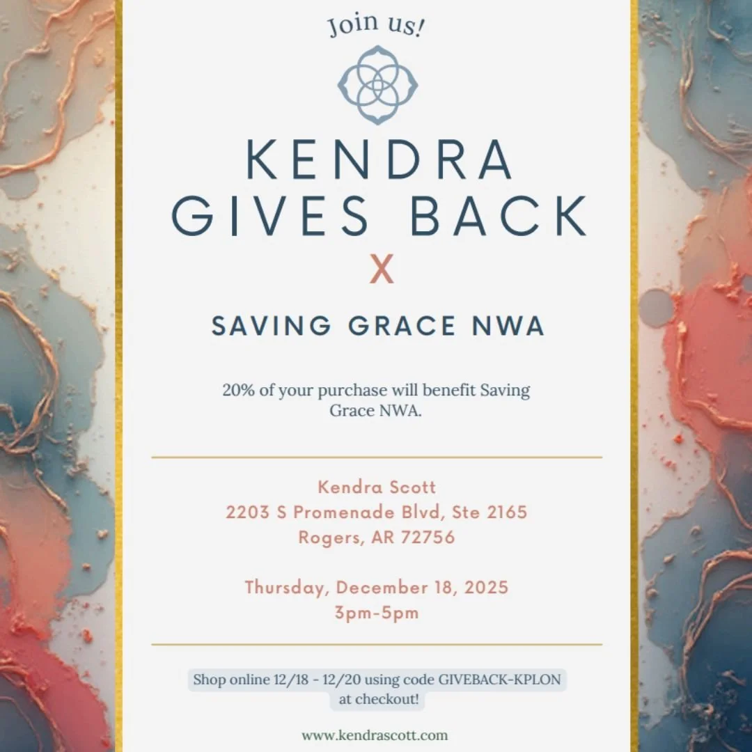 ✨ Just in time for Christmas shopping! ✨
Kendra Scott is hosting a Kendra Gives Back event Thursday, Dec. 18 &ndash; Saturday, Dec. 20. And 20% of your purchase comes back to Saving Grace!
Shop in-store and mention Saving Grace at checkout, or shop o