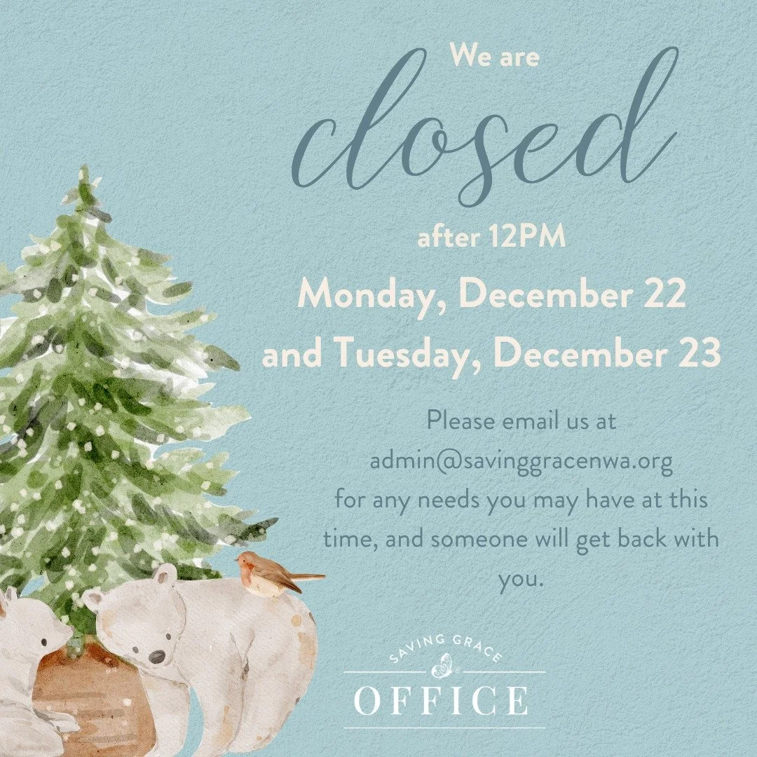 A quick heads up 🤍 

We&rsquo;ll be working half days and will be out of the office after 12 PM on Monday, December 22 and Tuesday, December 23.

For any needs during this time, please email admin@savinggracenwa.org and someone will follow up with y