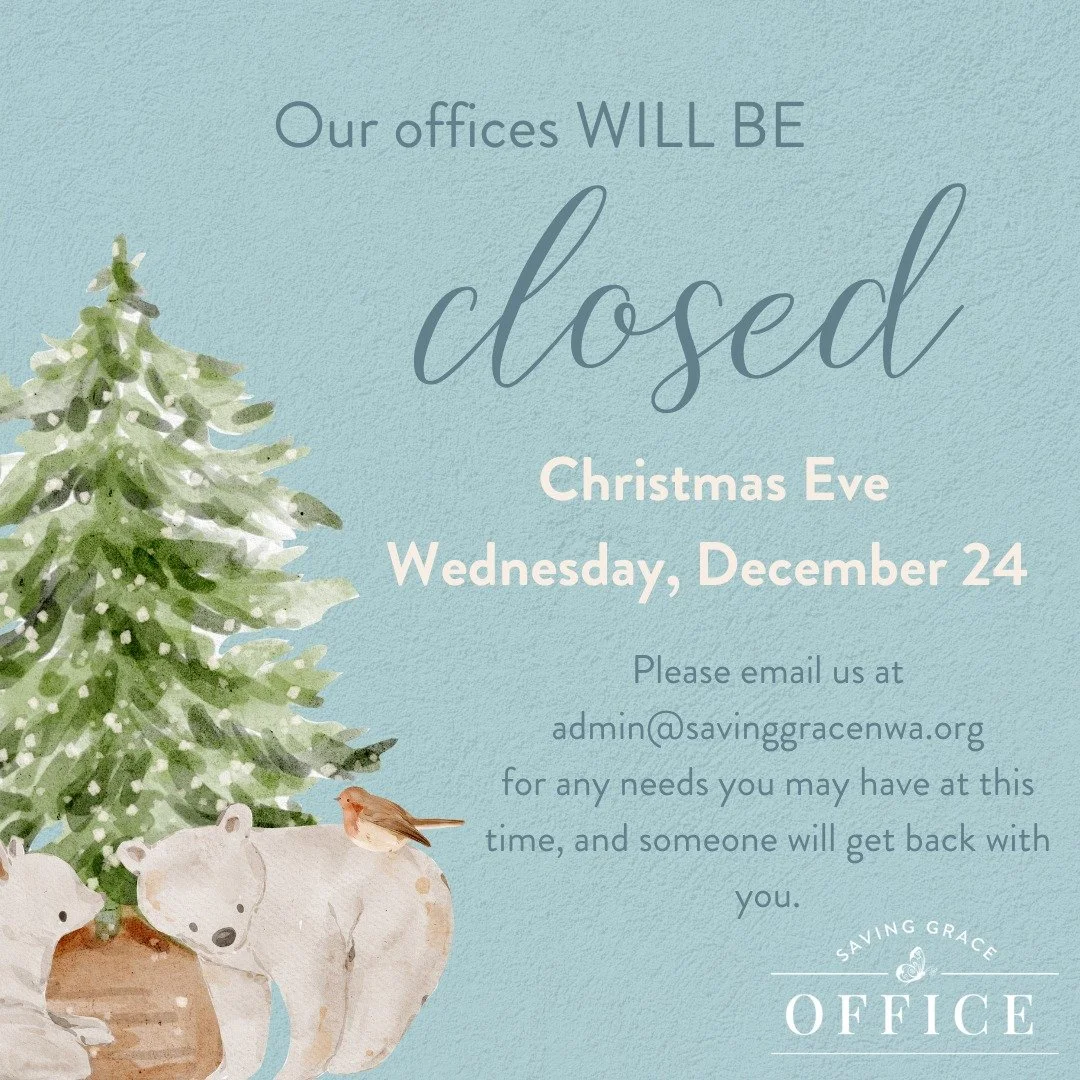 ✨ Holiday Office Hours ✨
Our team will be out of the office Wednesday, December 24 &ndash; Friday, December 26 as we celebrate the season with our loved ones.

If you need anything during this time, please email admin@savinggracenwa.org and someone w