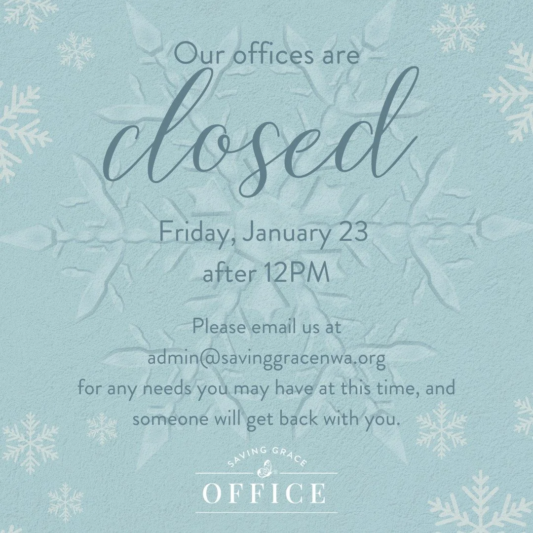 Our office will be closing early on Friday, January 23 at 12PM in preparation for the incoming snow. 🌨️

If you need anything during this time, please email admin@savinggracenwa.org and we&rsquo;ll be sure to follow up with you soon. Thank you for y