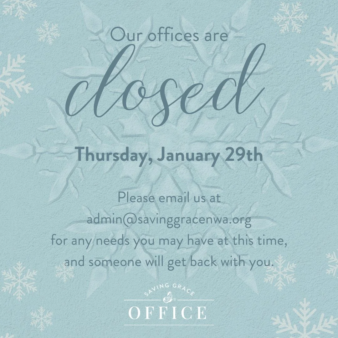 Due to winter weather conditions, our office will be closed on Thursday, January 29.

If you need anything during this time, please email admin@savinggracenwa.org, and we&rsquo;ll follow up as soon as we&rsquo;re able.

Stay safe and warm! ❄️