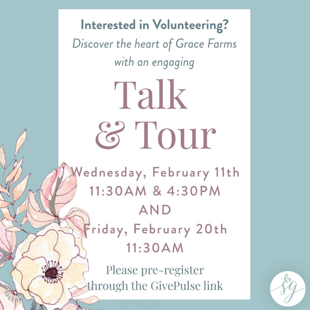 Curious about volunteering at Saving Grace? 💕

Our Talk &amp; Tours are the perfect way to learn more, meet our team, and see Grace Farms up close.

Come learn how our volunteer community mentors, serves, and walks alongside Grace in meaningful ways