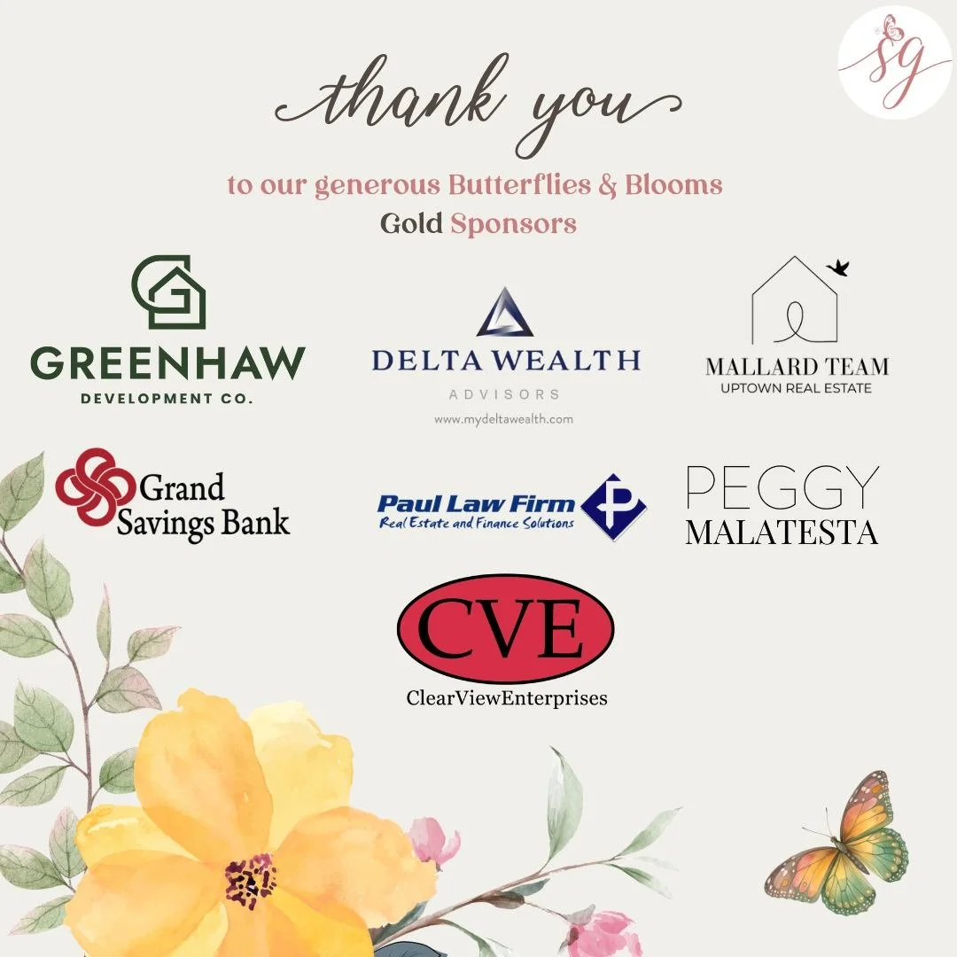 ✨ Thank you to our Gold Sponsors.

Your support helps make Butterflies and Blooms meaningful and mission-centered. Because of you, lives are being transformed in lasting ways.

We are deeply thankful for your partnership. 🦋
Greenhaw Development Co. 