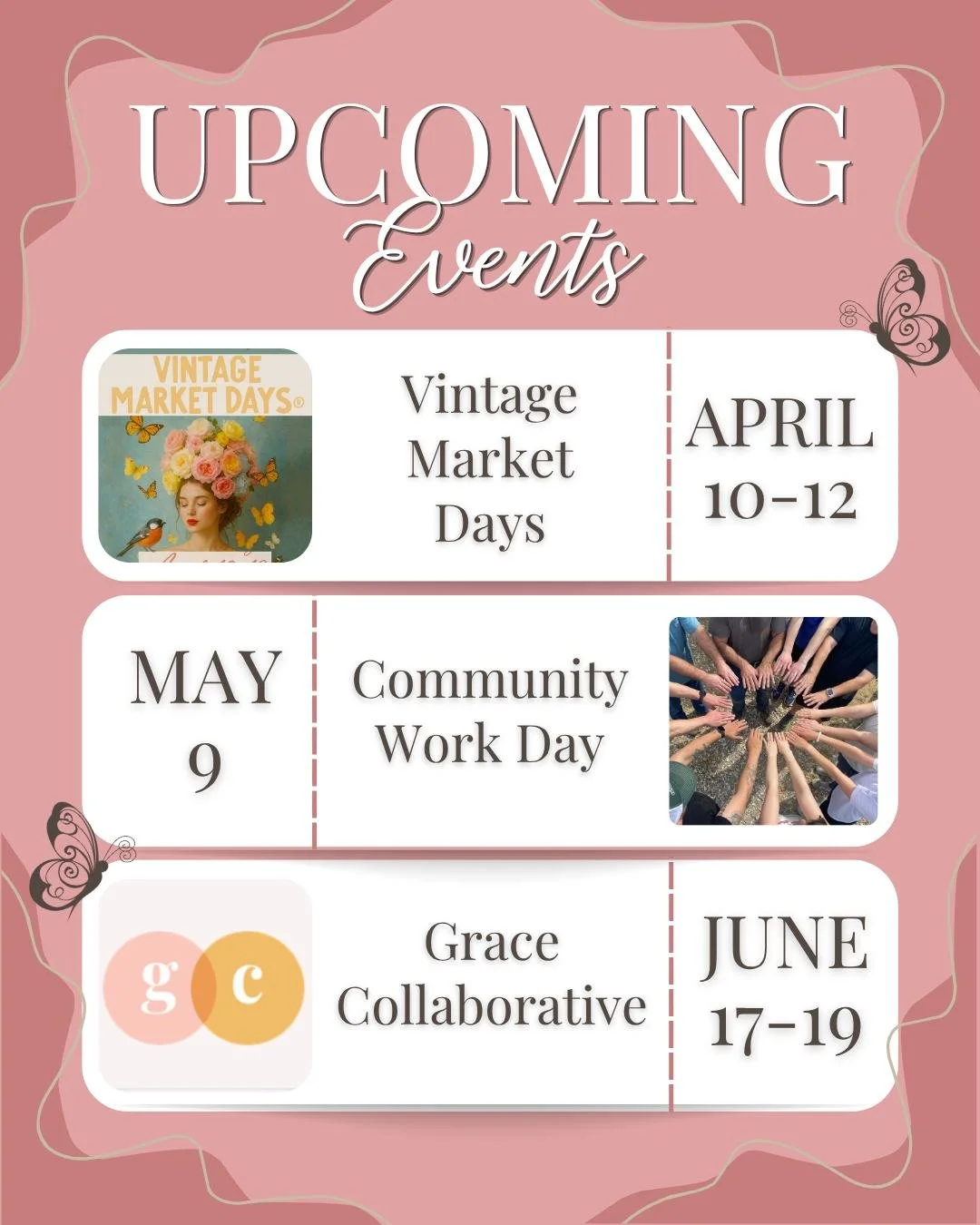 Mark your calendars because we have some pretty exciting things coming up! 👀📆

This season is full of opportunities to show up, serve, and grow together&mdash;whether it&rsquo;s at Vintage Market Days, Community Work Days, or our 6th annual Grace C