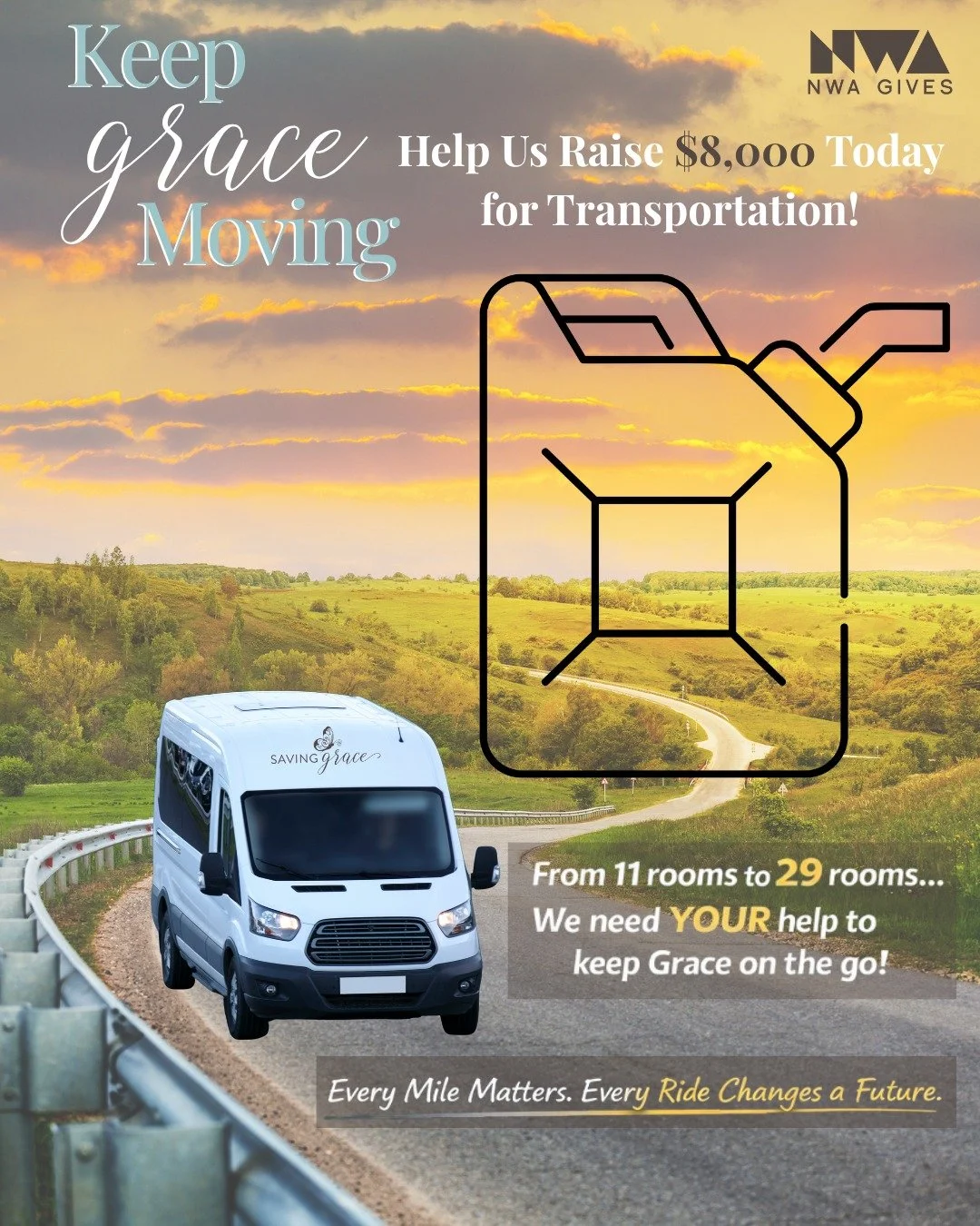 It's NWA Gives Day, and we are focused on Keeping "Grace" Moving. 

Because of this community, &ldquo;Grace&rdquo; now has a safe place to land.

But as our program grows from 11 to 29 rooms, so will a critical need we can&rsquo;t ignore:

