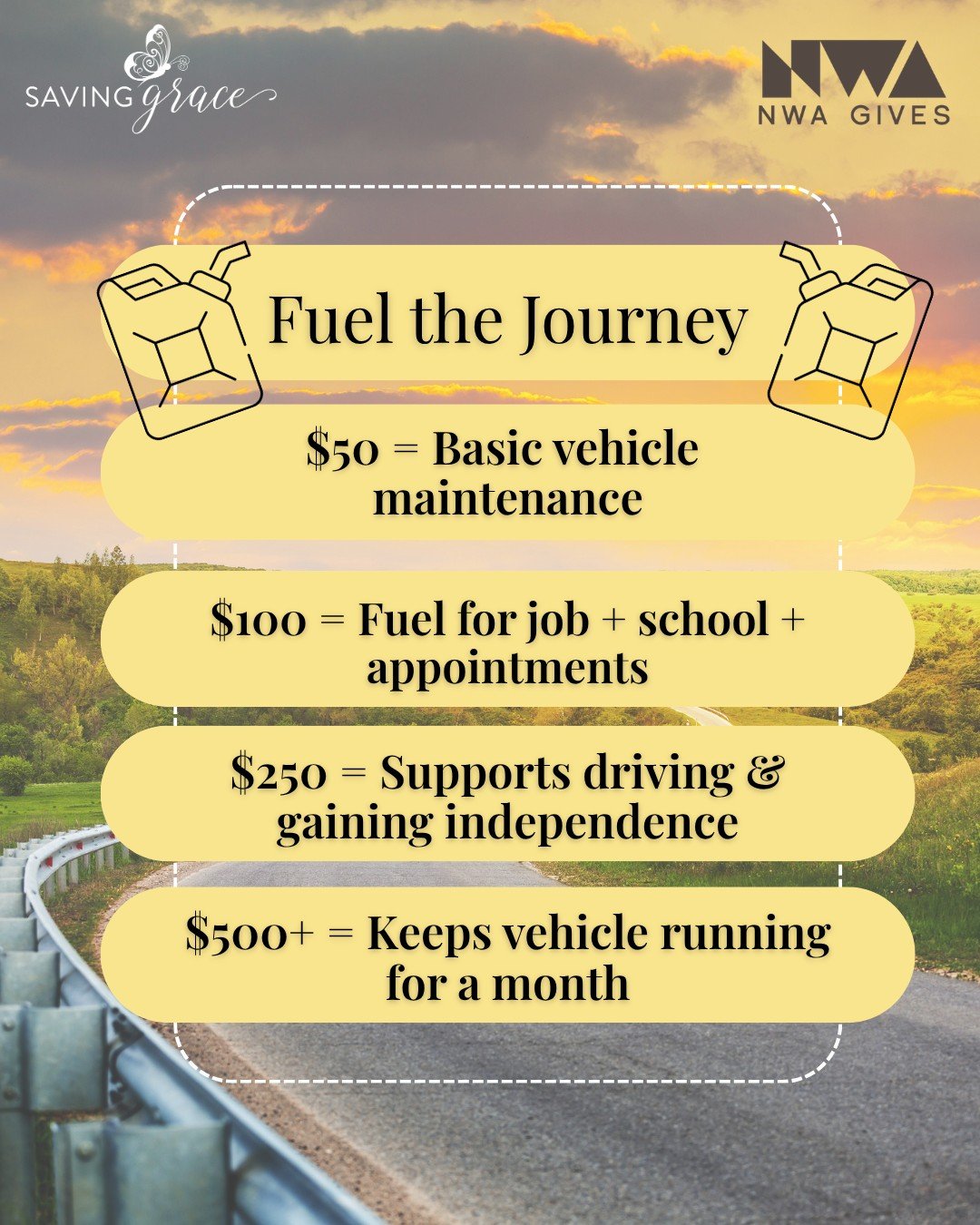 🚗 What Your Gift Makes Possible

Every dollar given helps remove one more barrier standing between &ldquo;Grace&rdquo; and her future.

Because of you, she can get where she needs to go&mdash;and keep moving forward.

🛠 $50 = Basic vehicle maintena