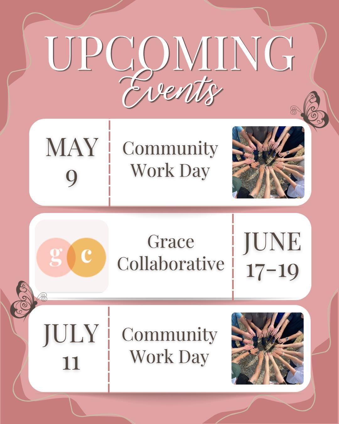 Mark your calendars because we have some pretty exciting things coming up! 👀📆

This season is full of opportunities to show up, serve, and grow together&mdash;whether it&rsquo;s Community Work Days or our 6th annual Grace Collaborative.

To get sig