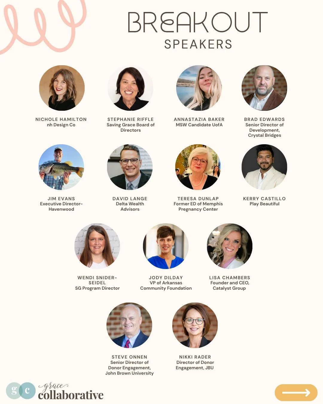✨ Big conversations. Practical tools. Meaningful connection. ✨

One of the most impactful parts of Grace Collaborative is learning directly from leaders and professionals through our breakout sessions. Whether you serve in nonprofit leadership, minis