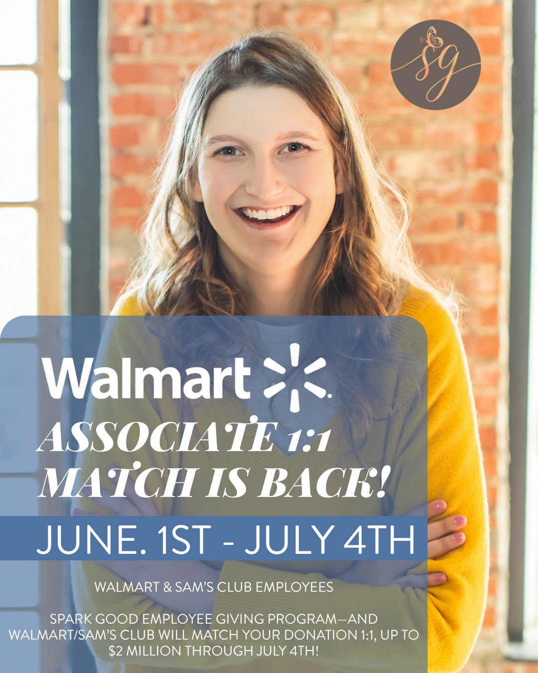 ✨ DOUBLE the impact for &ldquo;Grace&rdquo; this summer! ✨

From June 1&ndash;July 4, Walmart and Sam&rsquo;s Club are matching eligible associate donations made through the Spark Good Associate Giving platform &mdash; dollar for dollar! 🙌🏼

That m