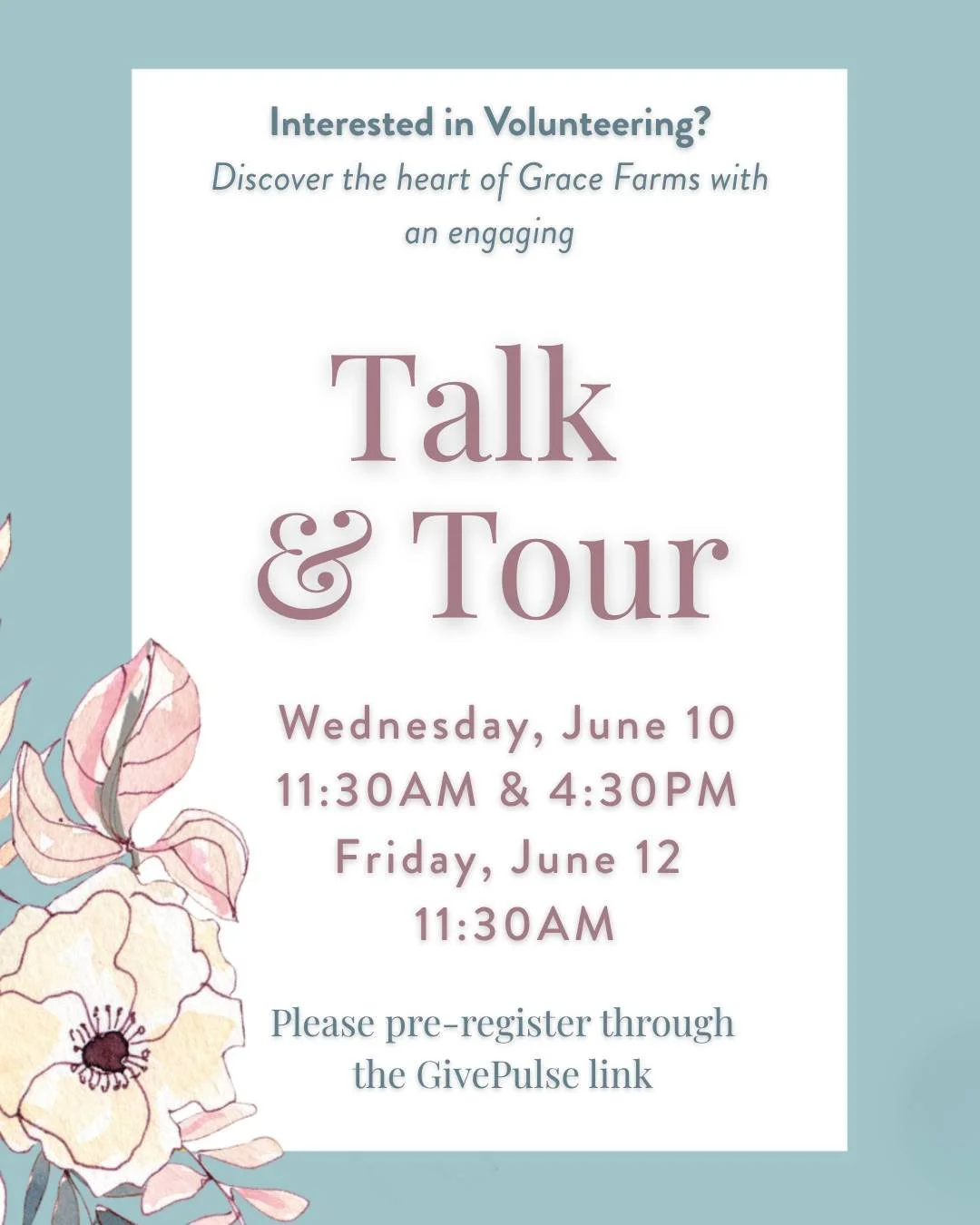 🌿 You&rsquo;re invited to Grace Farms this June! 🌿

Join us for a Talk &amp; Tour to learn more about the heart, mission, and volunteer community of Saving Grace NWA. You&rsquo;ll explore the property, learn about our program, and discover the many