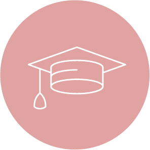 Icon of a graduation cap on a pink circular background.