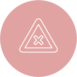 White warning triangle with an X inside on a pink circular background.