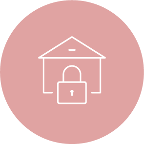 Icon of a house with a lock in front, on a pink background.