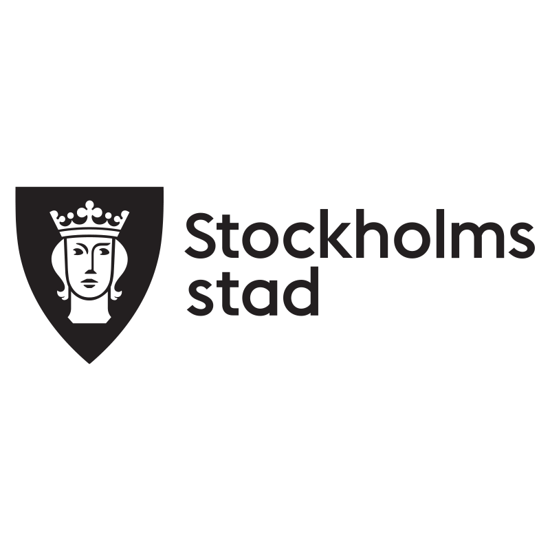 Stockholm City logo featuring a stylized face with a crown inside a shield, next to the text "Stockholms stad"