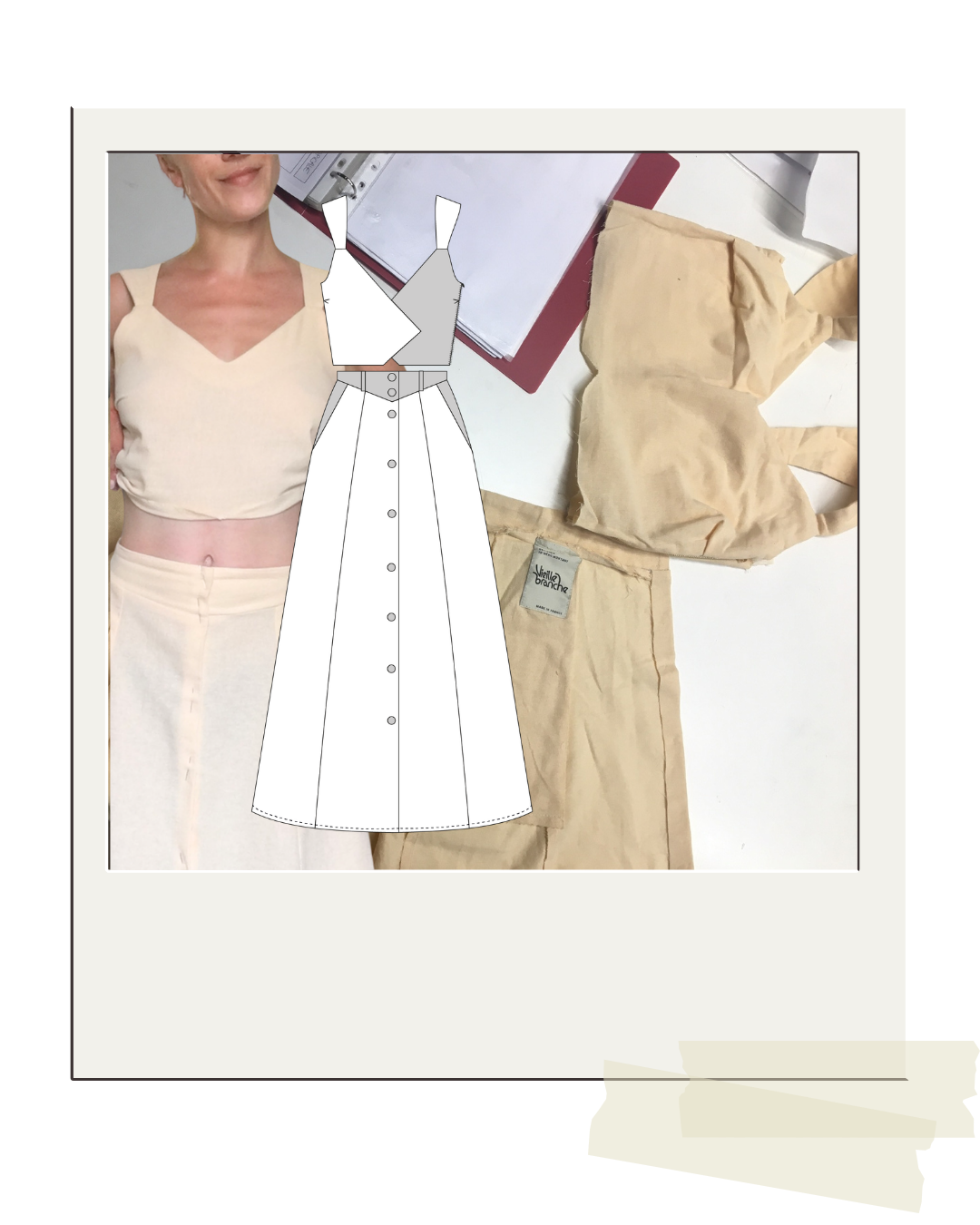 Collage numérique 'L'Unique Façon' : association d'une photo portée d'une femme en top beige, d'un croquis technique de jupe boutonnée et d'un échantillon de tissu avec l'étiquette 'vieille blanche'. R&D textile et patronage à Nantes.