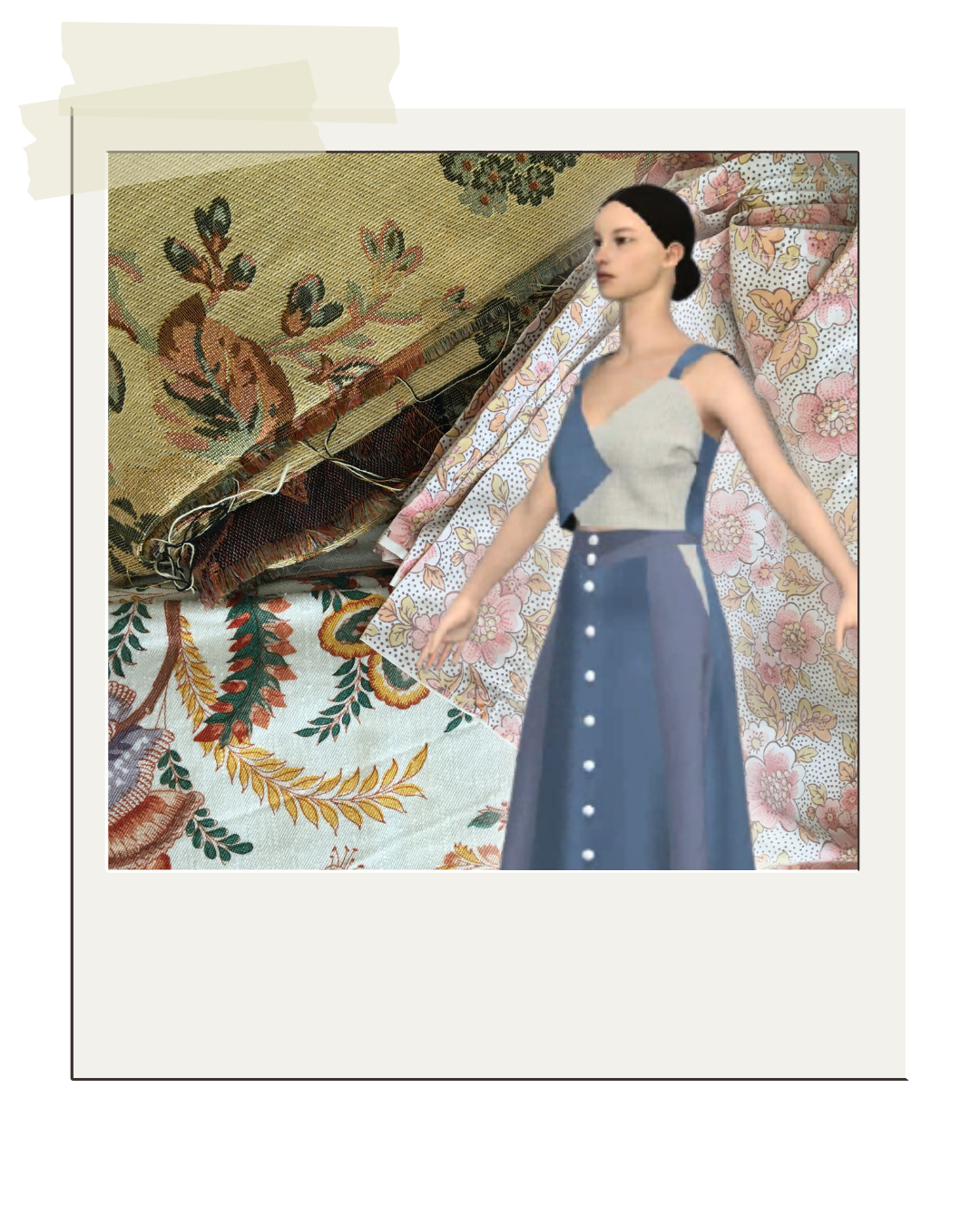Collage numérique 'L'Unique Façon' : juxtaposition d'un tissu jacquard floral doré et d'une cretonne à fleurs roses avec la prévisualisation 3D d'une tenue (top et jupe boutonnée) sur mannequin virtuel. Processus de design circulaire à Nantes.