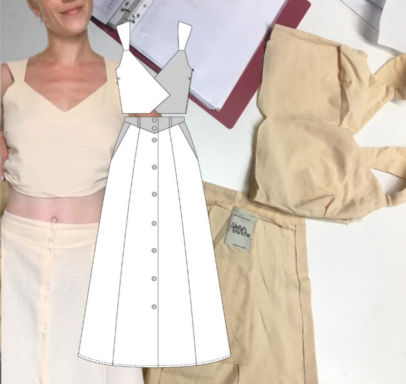 Collage numérique 'L'Unique Façon' : association d'une photo portée d'une femme en top beige, d'un croquis technique de jupe boutonnée et d'un échantillon de tissu avec l'étiquette 'vieille blanche'. R&D textile et patronage à Nantes.