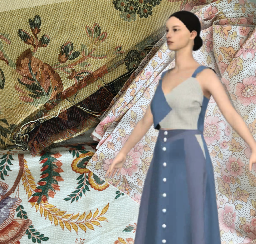Collage numérique 'L'Unique Façon' : juxtaposition d'un tissu jacquard floral doré et d'une cretonne à fleurs roses avec la prévisualisation 3D d'une tenue (top et jupe boutonnée) sur mannequin virtuel. Processus de design circulaire à Nantes.