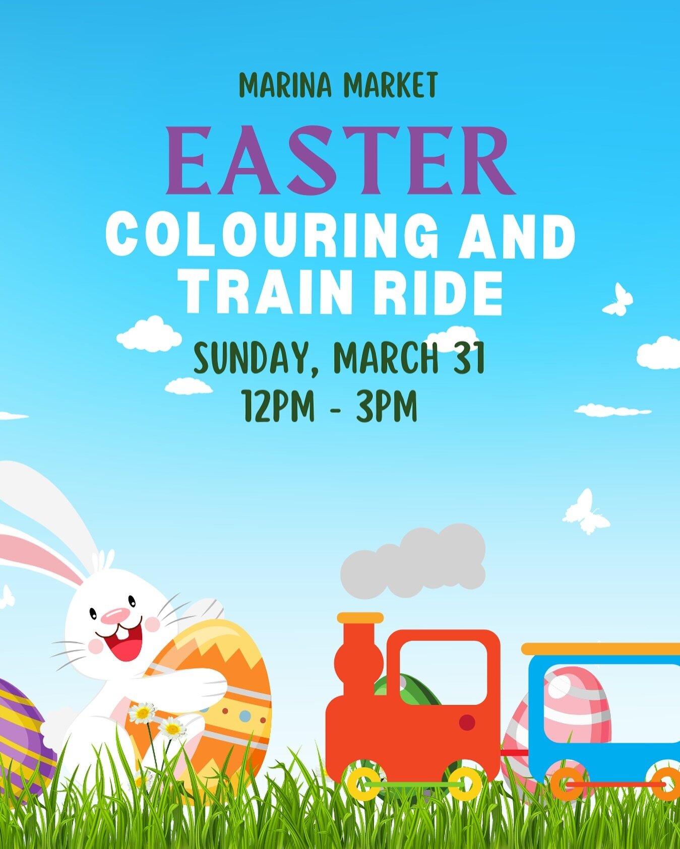 Join us for some Easter Colouring and a quick ride on the Marina Market train this Easter Sunday. 

Each child gets an Egg with every ticket and the experience will last 20 minutes. Tickets are limited and available on Eventbrite now. 

#easterevent