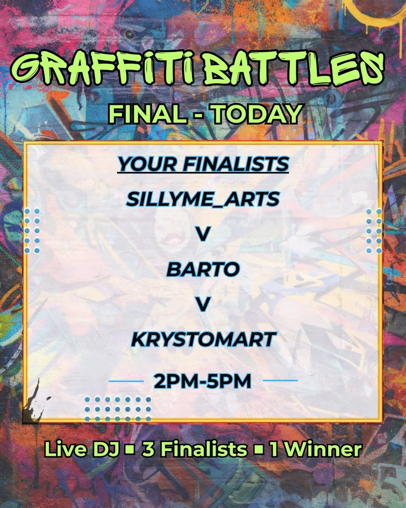 Meet your Graffiti Battle Final Artists!🎨

Final Battle today at 2pm-5pm: 
@sillyme_arts vs @_xilux_ vs @krystomart 

Live DJ &bull; Live art &bull; One Winner 🎧🔥
Voting is in YOUR hands 🗳️✨
Come down, get involved &amp; help choose our champion!