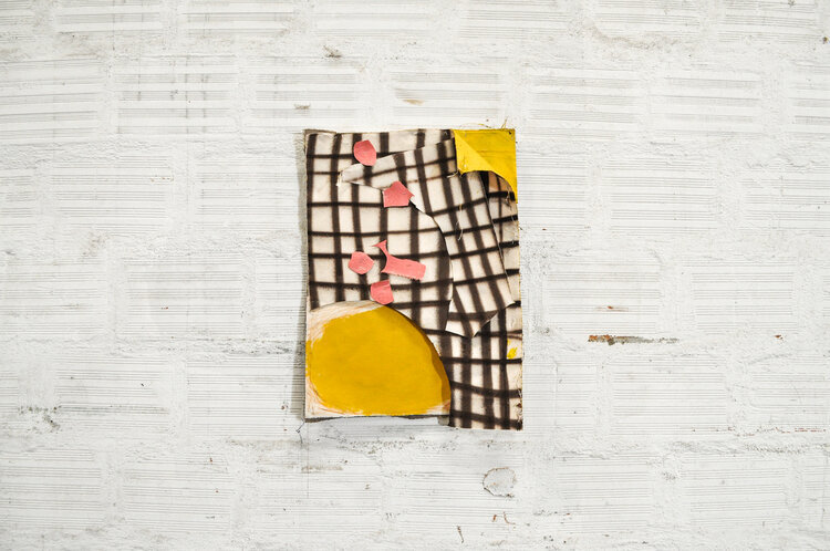 Juliette Ezavin, "Ham transcendance on tiles" 700mm x 560mm, spray paint, acrylic, color pencils on canvas
