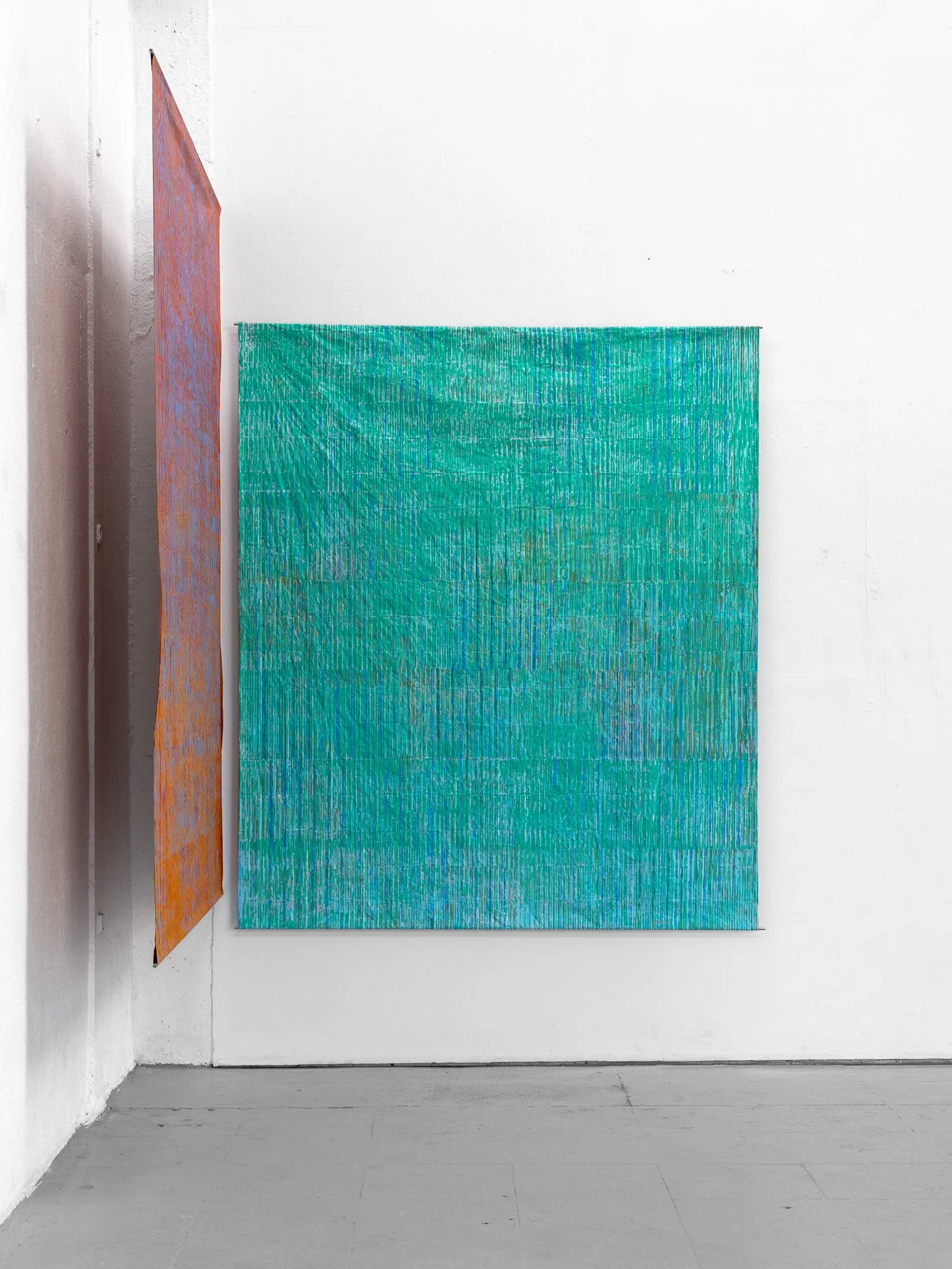 Stephen Greenberg, PADA Meditação II. Acrylic, gesso on silver emergency blanket, 172 x 150 cm, 2026.