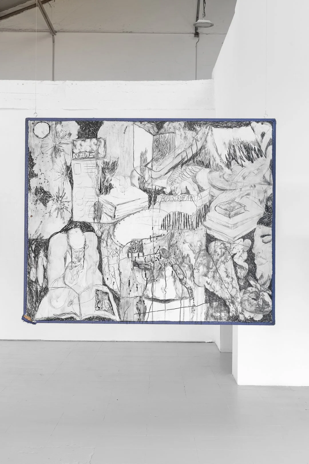 Alëna Koleso, Madrugada para Oito #4. Materiais encontrados, tinta da China, pastel de óleo 146 x 120 x 2 cm,  2025