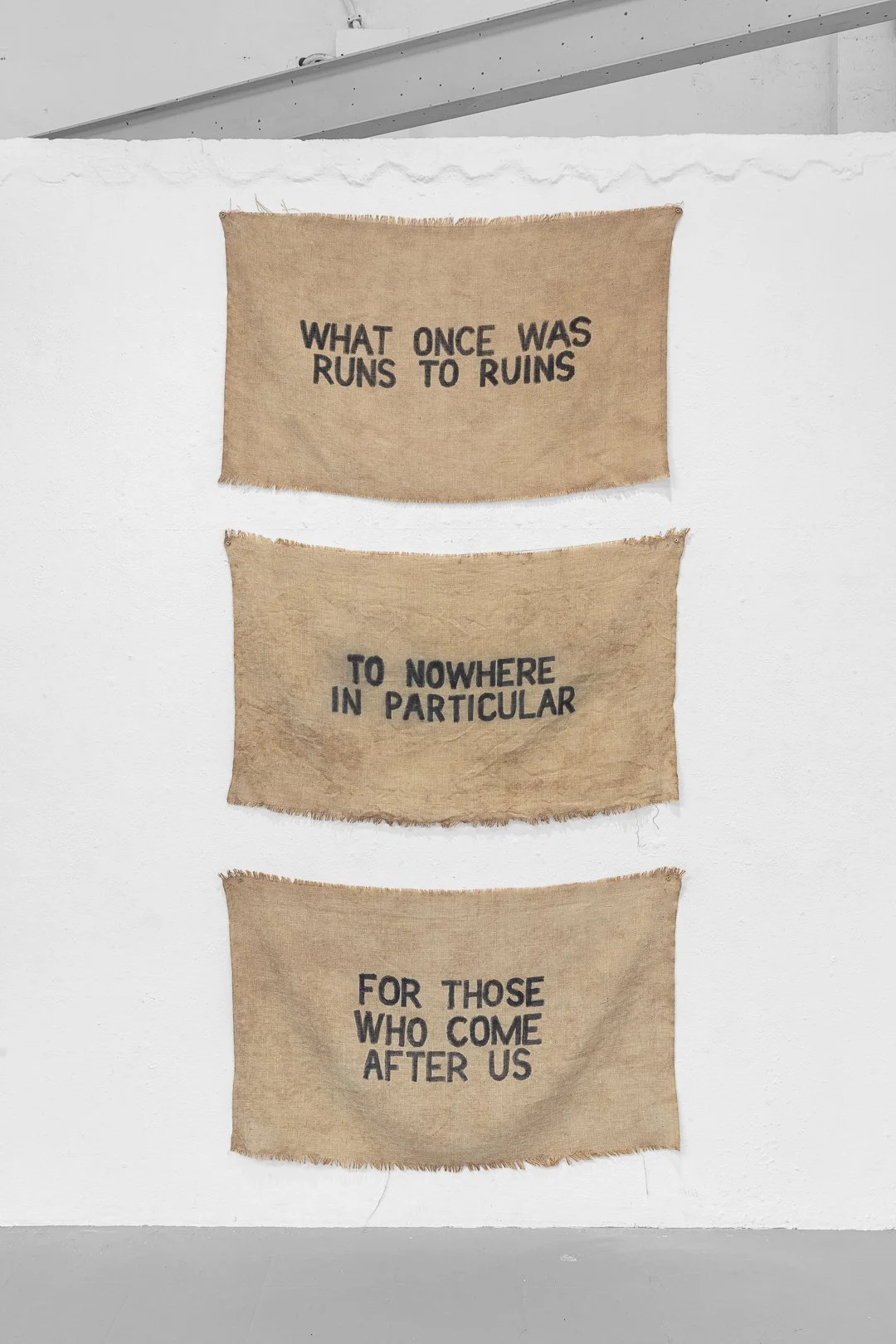 Nabuurs&VanDoorn, Futures Fade in Fiber. Acrylic paint on jute, three-panel installation, 125w x 270h cm, 2026.