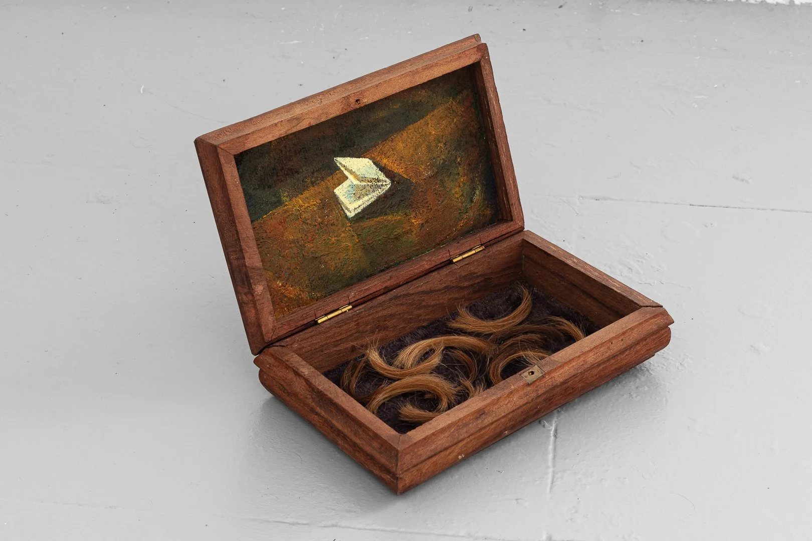 Lily Rose Fine, Caixa fechada. Acrílico sobre caixa de madeira encontrada e cabelo humano, 20,5 x 13,5 x 17,5 cm, 2025