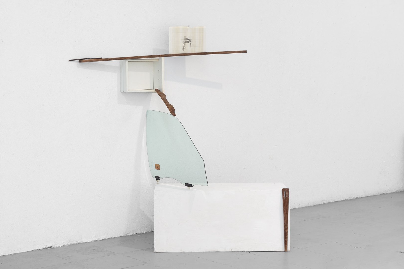 Kate Broad, Table and Chair/ Falling Apart Coming Together. Formica, wood, toughened glass, pencil on
paper, 130 x 100 x 100 cm, 2026