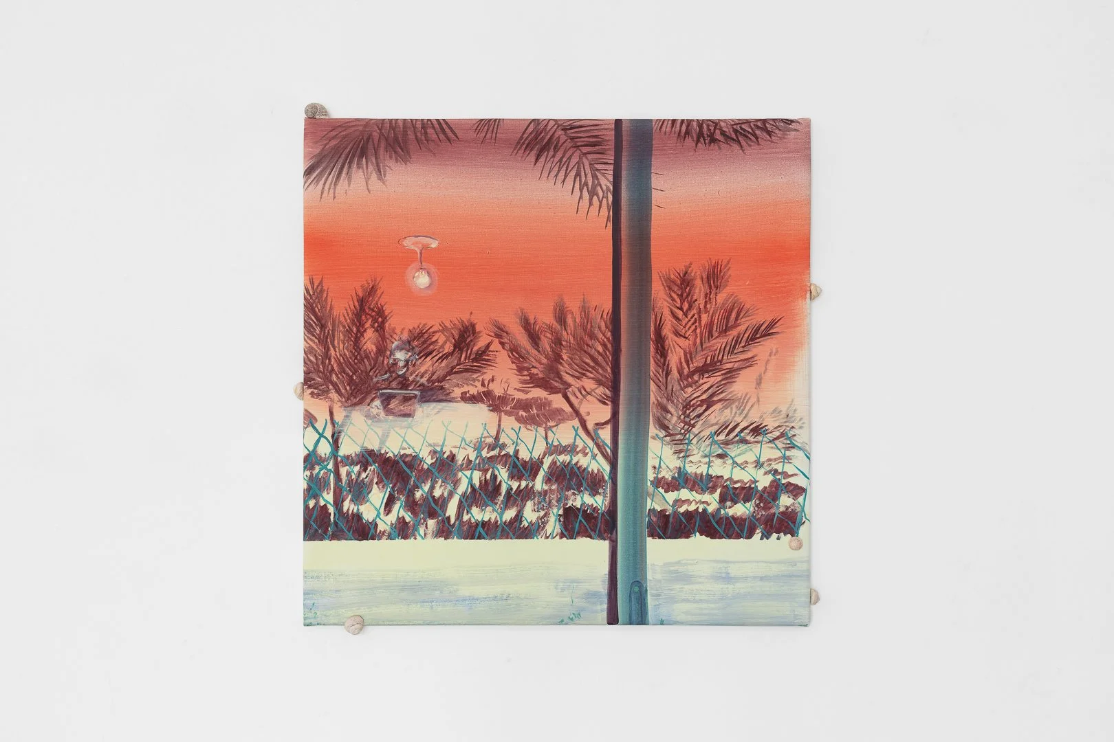 Beatriz Santos, a lentidão da tarde. [the afternoon slowness.] Oil and snail shells on canvas, 63 x 63 cm, 2026.