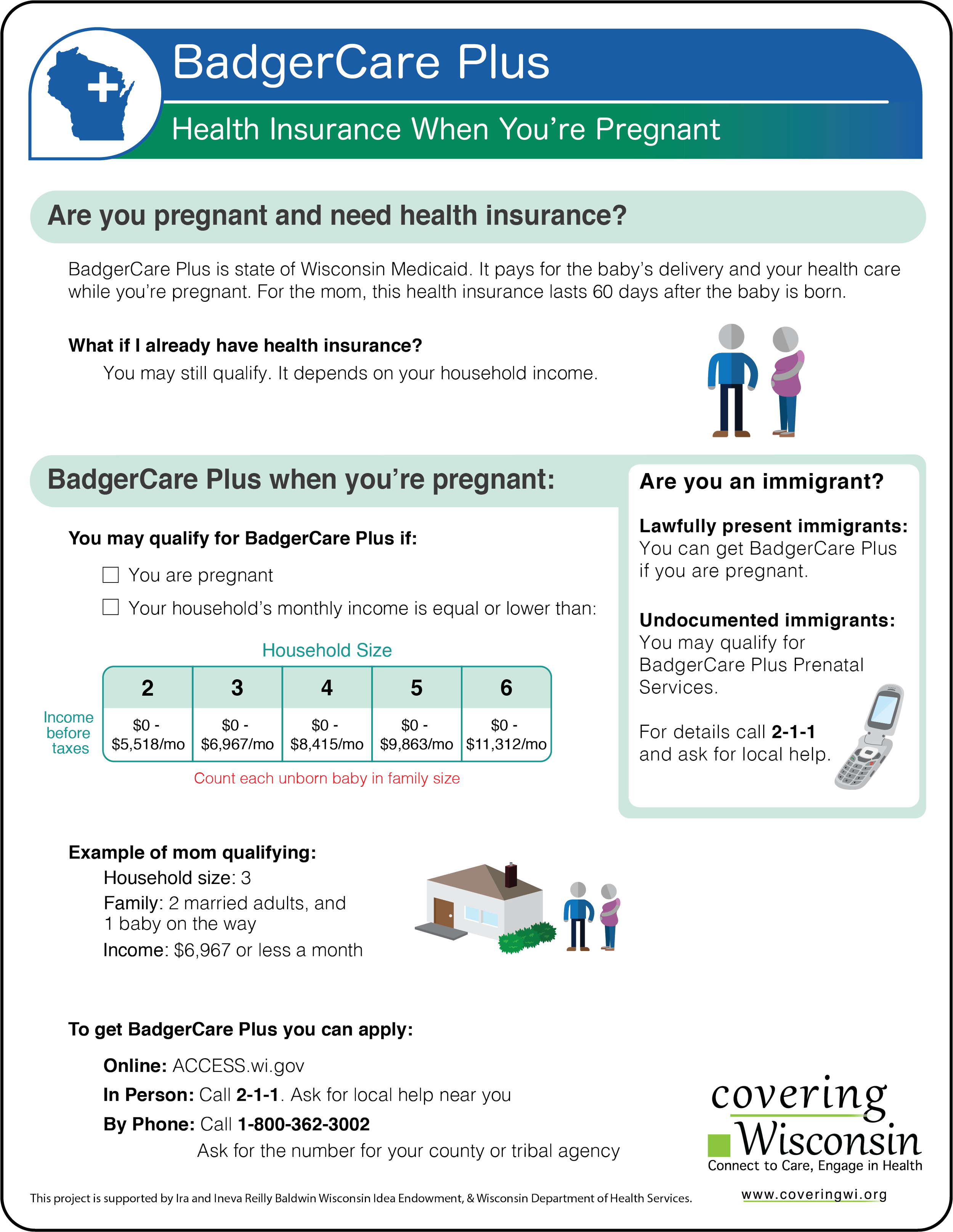 Information flyer about BadgerCare Plus health insurance for pregnant women in Wisconsin, with details on eligibility, application methods, and household size guidelines.