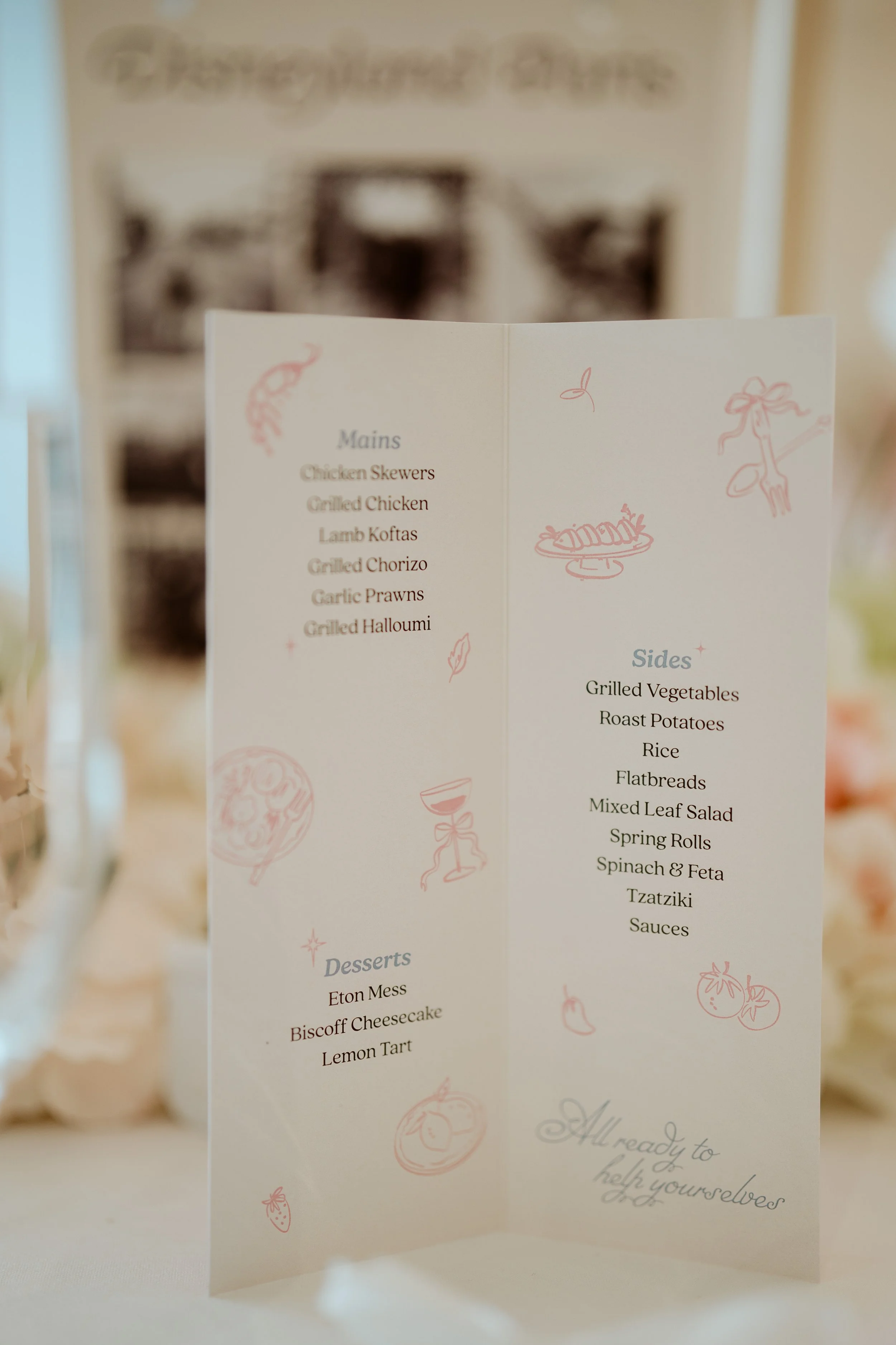 A restaurant menu with sections for Mains, Sides, and Desserts, featuring various dishes and illustrations of food items and kitchen utensils.