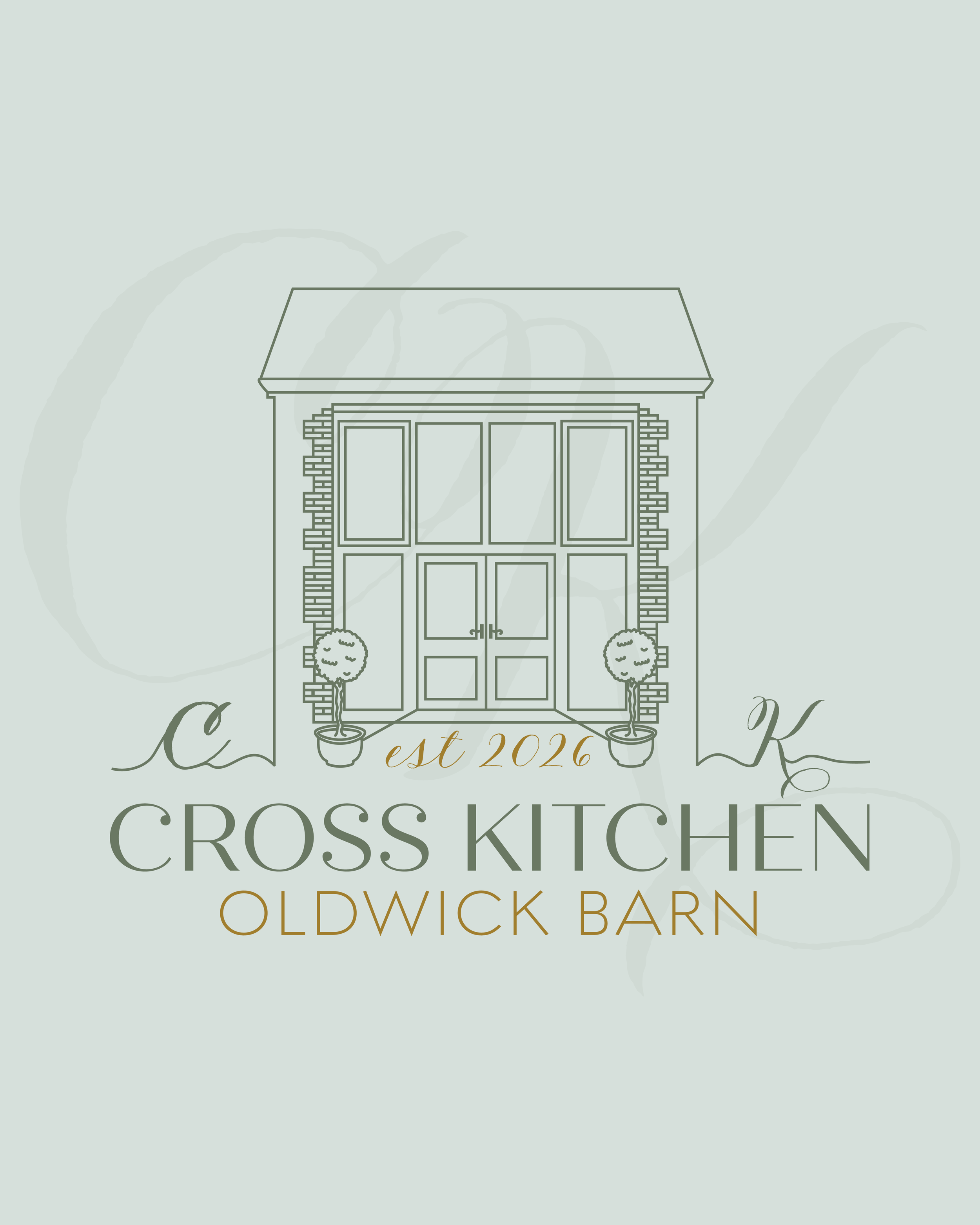 Simple line drawing of a barn with a large door, surrounded by two potted trees, with the text "est 2026" and "Cross Kitchen Oldwick Barn" underneath.