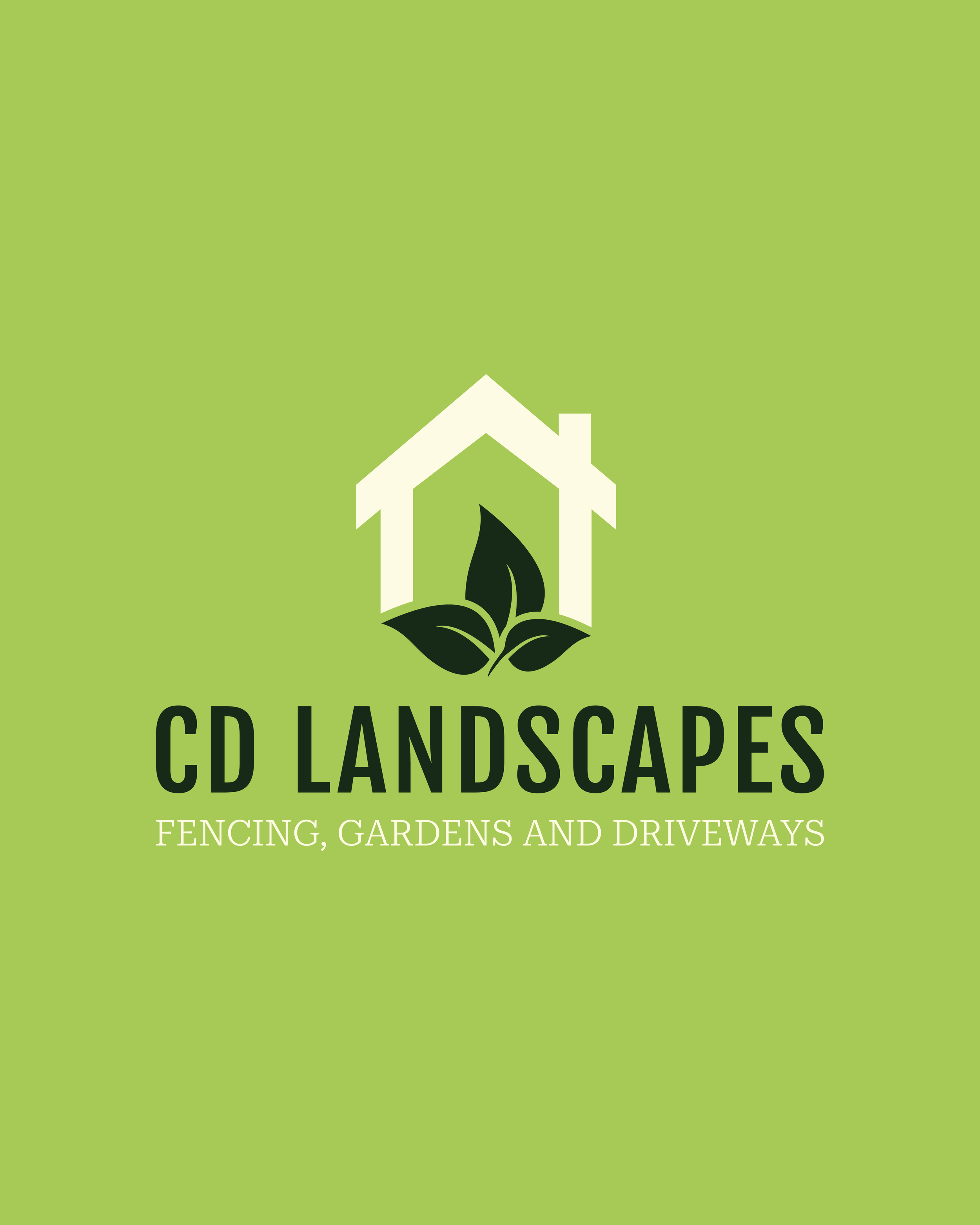 Green brochure cover with a white house shape and leaf graphic, reading 'CD LANDSCAPES' and 'FENCING, GARDENS AND DRIVEWAYS'.