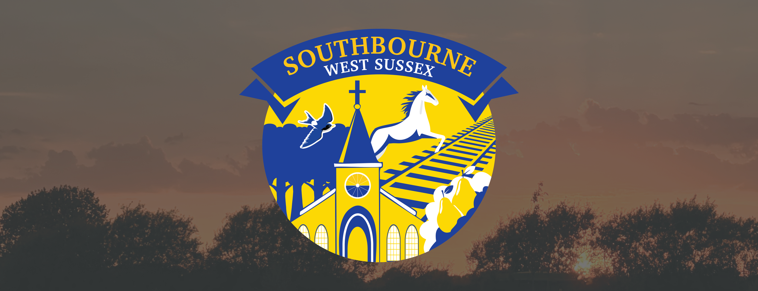 Southbourne West Sussex emblem featuring a pigeon, a horse, a church, and a vineyard against a yellow and blue background.