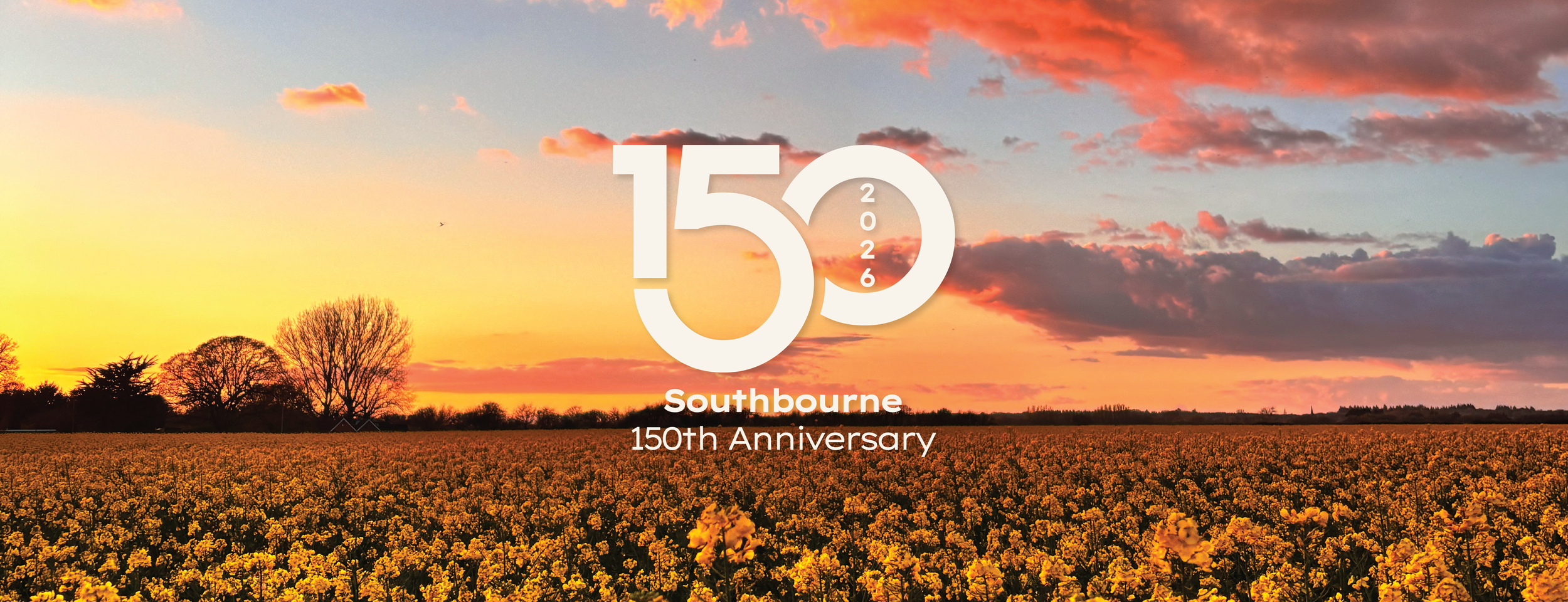A sunset over a field of yellow flowers with bare trees on the horizon, featuring a large white '150' and the text 'Southbourne 150th Anniversary' in the center.