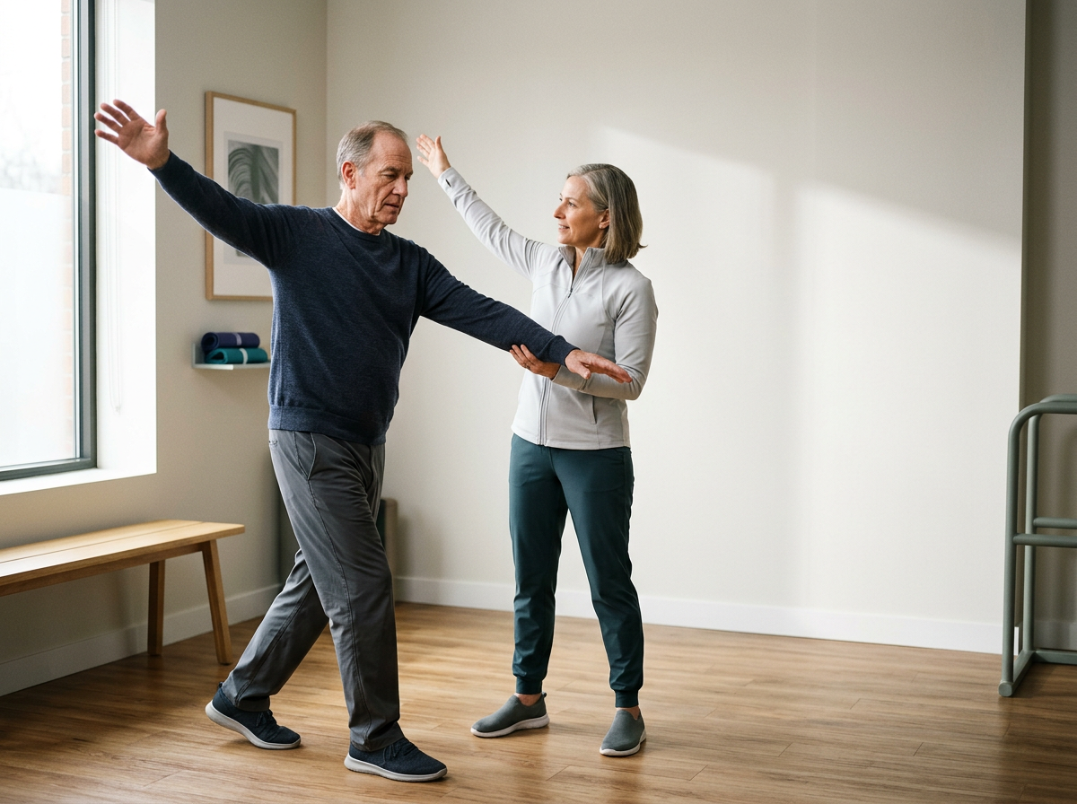 Physical therapist guiding a patient with Parkinson's through a large-amplitude LSVT BIG movement