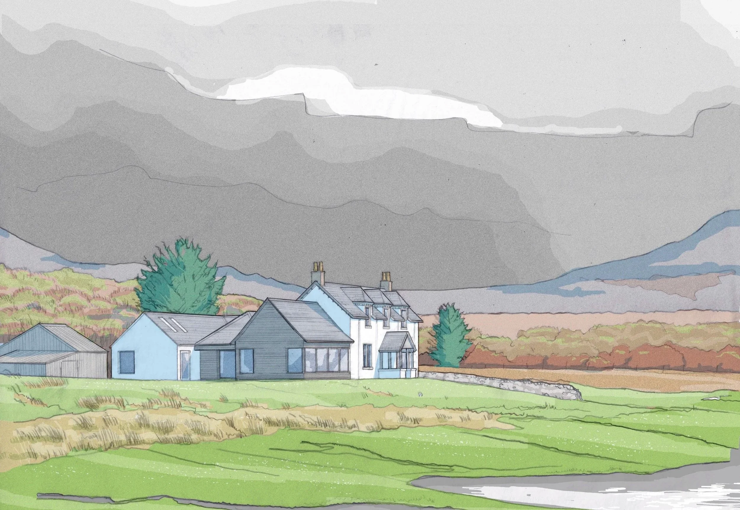 A watercolor-style illustration of the proposals for Inver Lodge showing the new extensions and renovations of the house with the Paps of Jura in the background