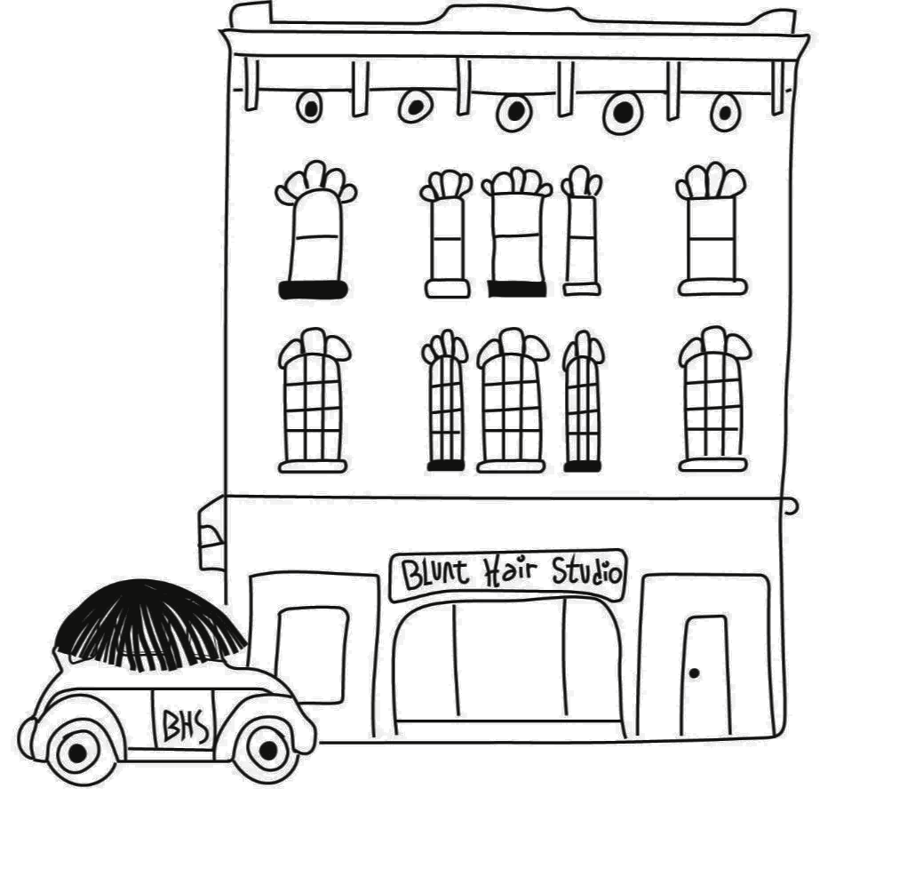 Black and white line drawing of a multi-story building with a sign that reads 'Blunt Hair Studio'. In front, there is a small car with 'BHS' on the side and a large hairbrush on top.