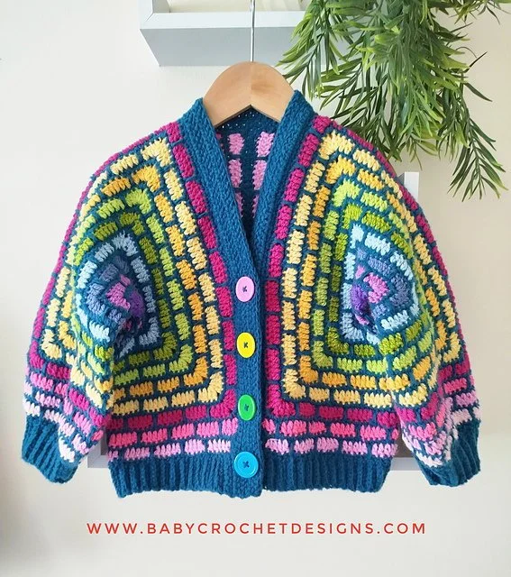 stained glass rainbow hexagon cardigan crochet pattern baby child kids adult mens ladies womans