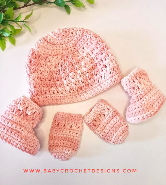 V Stitch Beanie, Boots and Mittens Set